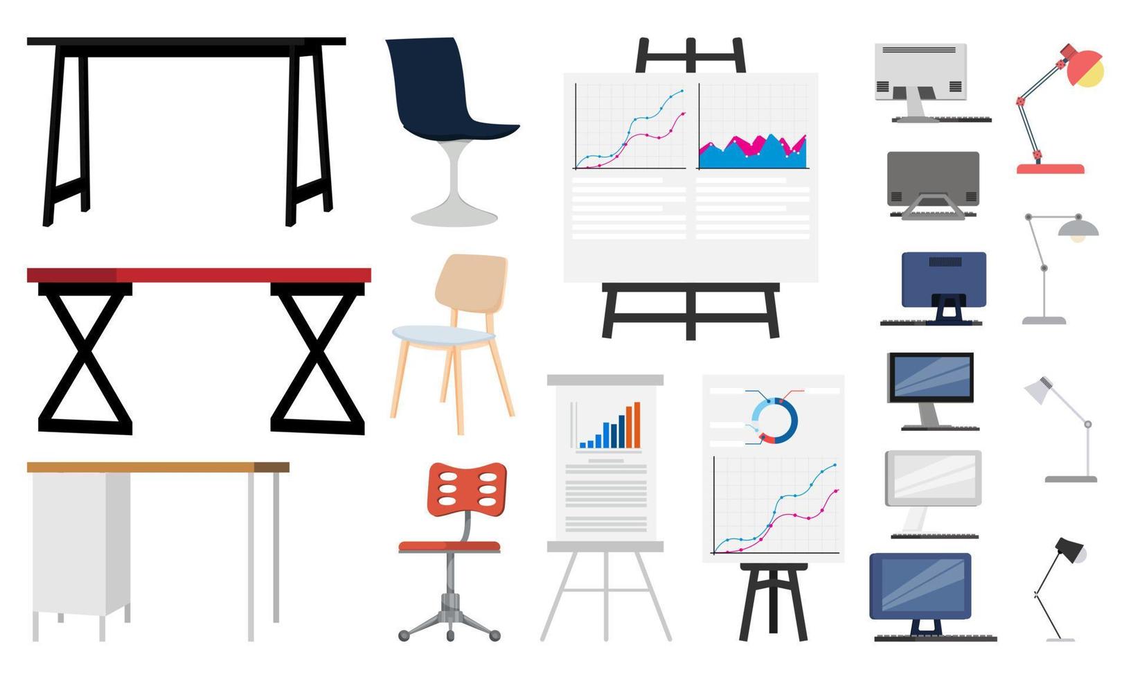 apparatuur set voor kantoor thuiskantoor set met stoel tafel pc laptop pc board tafellamp vector