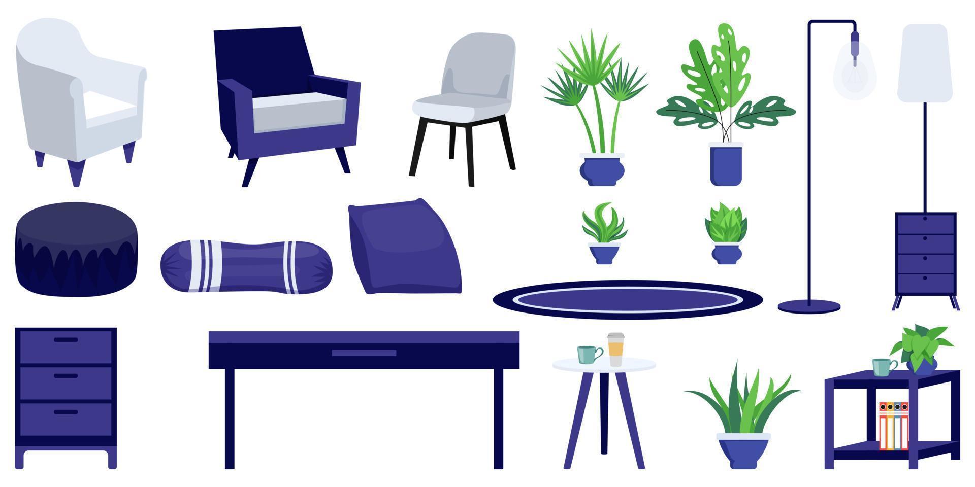 leuke woonkamer meubels set met verschillende meubels stoel fauteuil kussensloop kamerplant vector