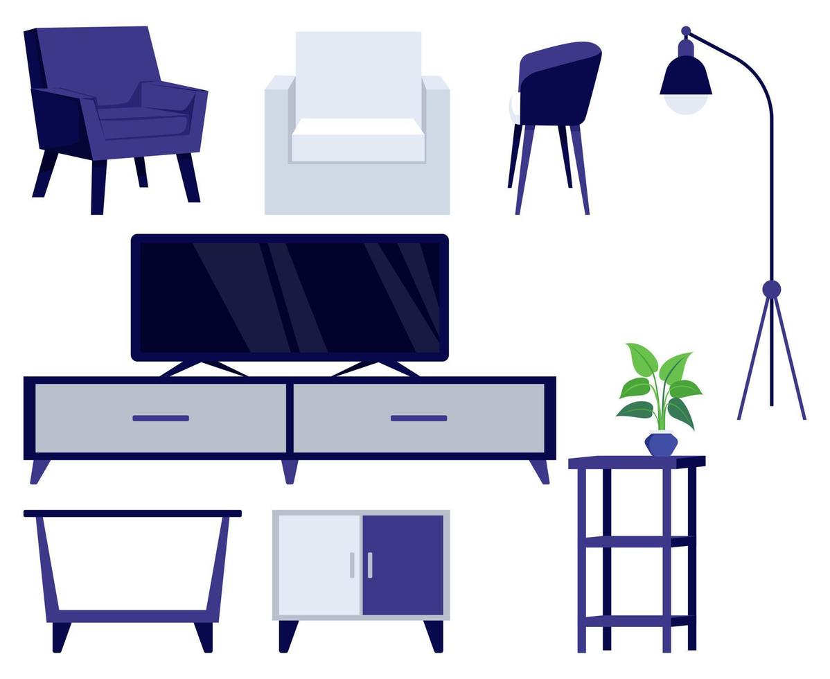 moderne woonkamer meubels set met verschillende meubels stoel fauteuil tv mat kussensloop geïsoleerd op witte achtergrond kamerplant vector