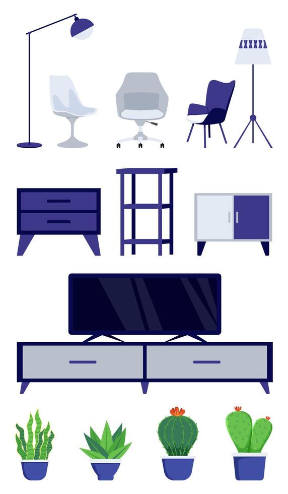 woonkamer meubelset met verschillende meubels stoel fauteuil kussensloop kamerplanten vector