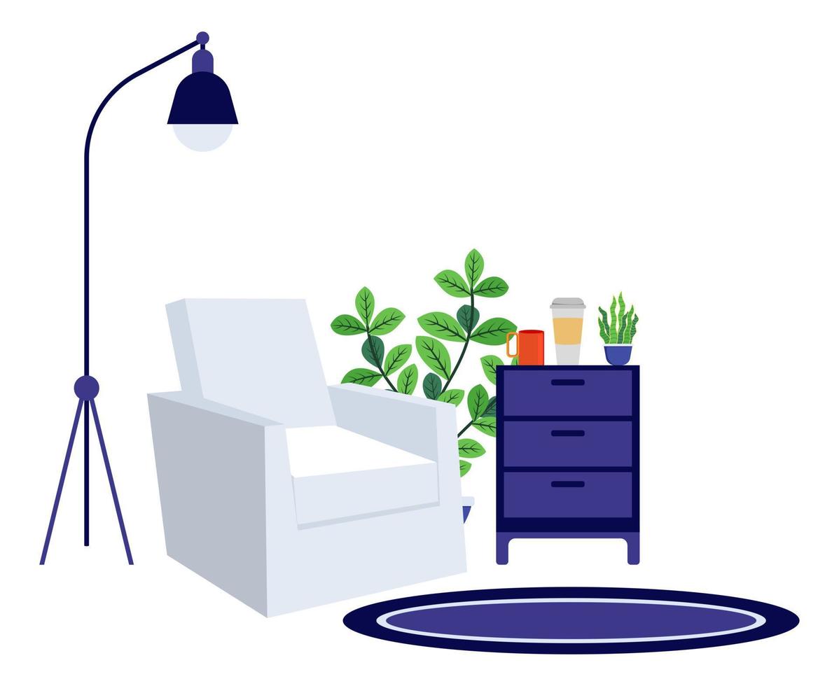 woonkamer werkplek voor freelancer thuiskantoor met bank en staande lampkast vector