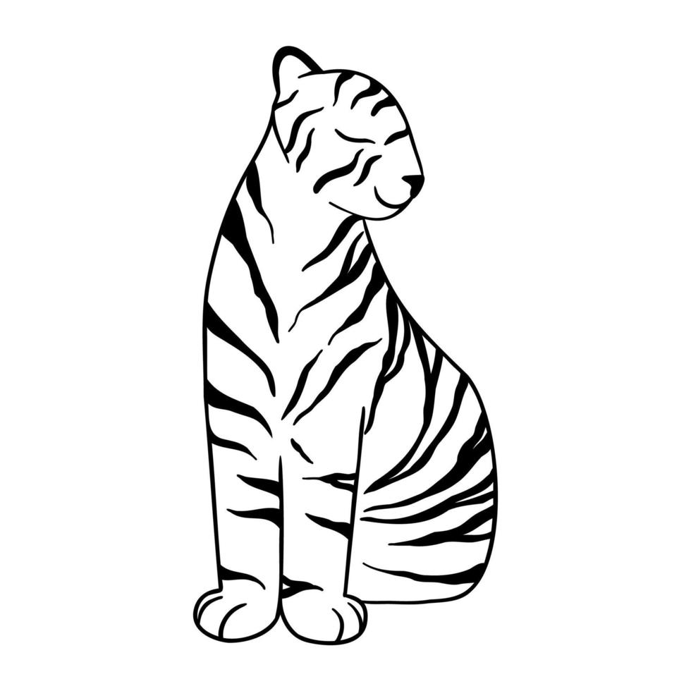 doodle tijger zitten, handgetekende. schattige chinese tijger getekend met zwarte lijnen. vectorillustratie geïsoleerd op een witte achtergrond vector