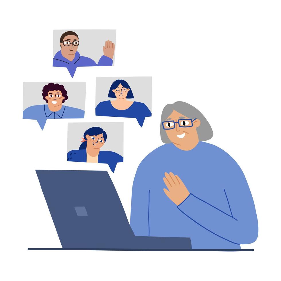 een lieve oude vrouw communiceert thuis met haar kleinkinderen op een laptop. op, moderne technologie en het concept van ouderdom. vectorillustratie in vlakke stijl vector