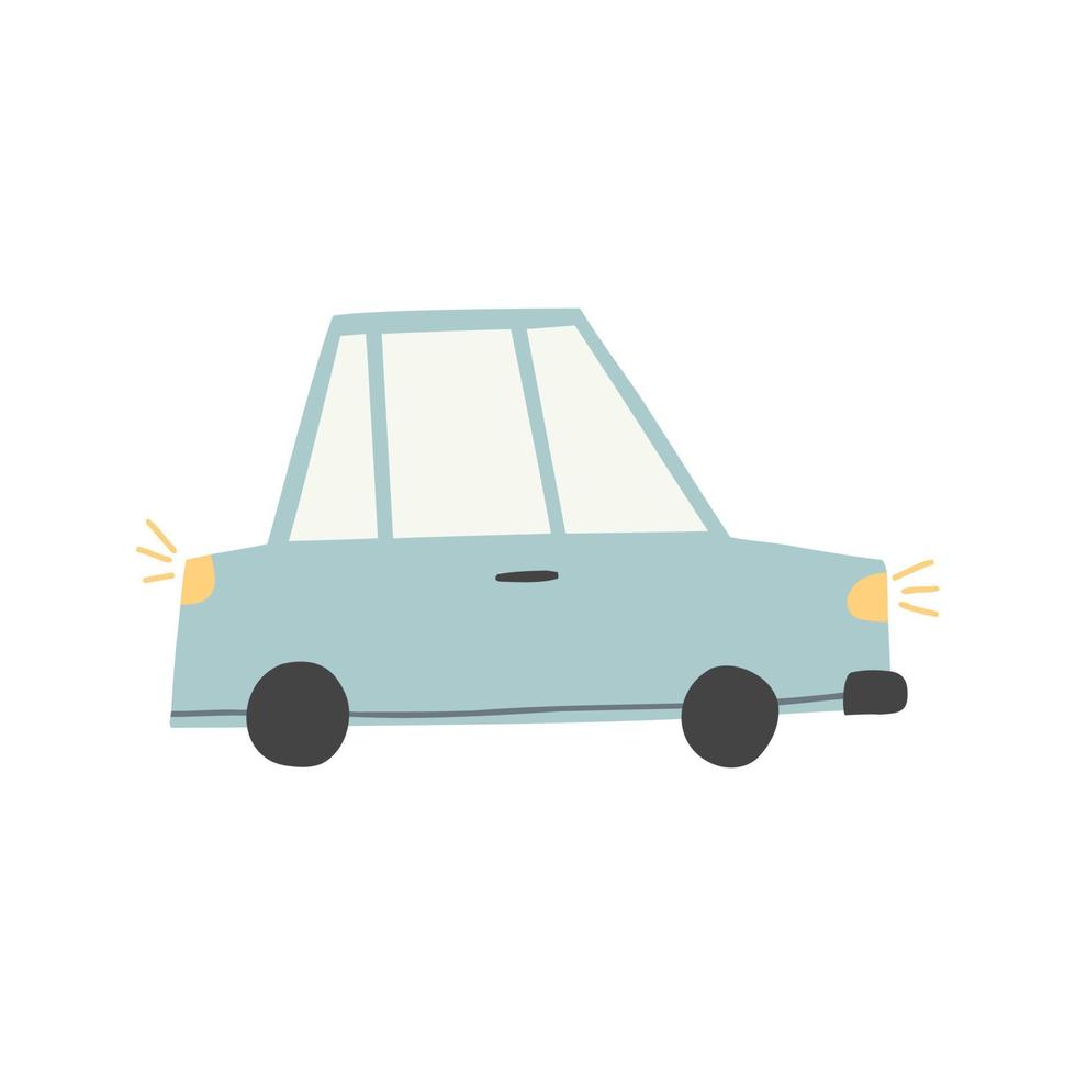 schattige blauwe auto geïsoleerd op wit. cartoon auto getextureerde doodle tekening clipart. scandinavische stijl platte vectorillustratie, kinderprint vector