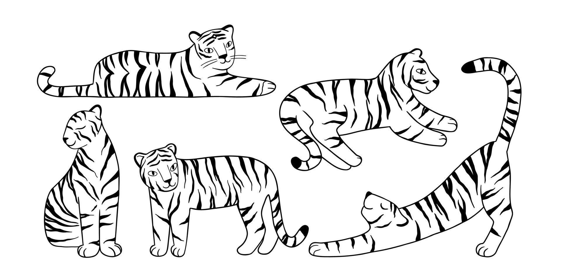 set met doodle tijgers getekend met lijnen. vector handgetekende illustratie