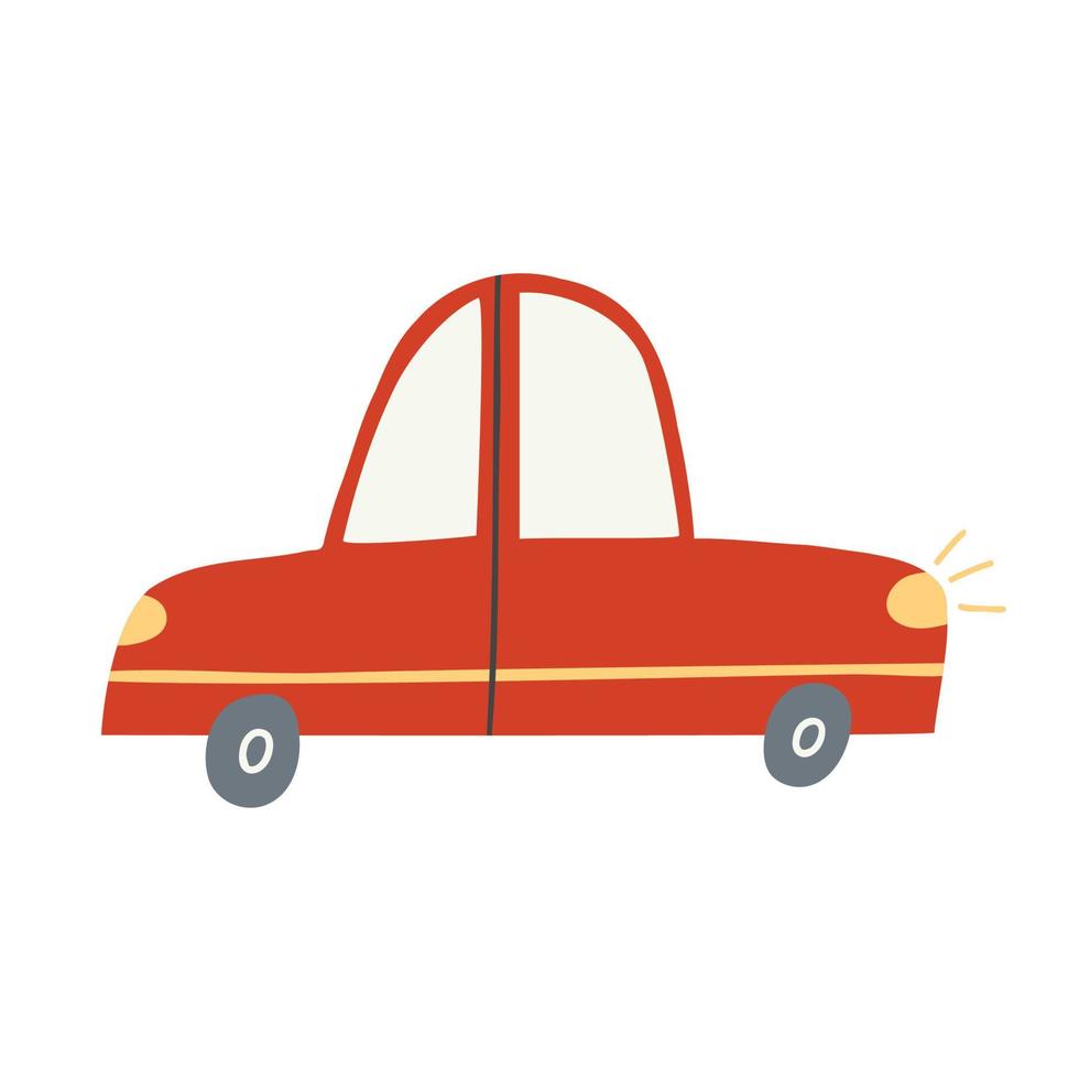 schattige rode auto geïsoleerd op wit. cartoon auto getextureerde doodle tekening clipart. scandinavische stijl platte vectorillustratie, kinderprint vector