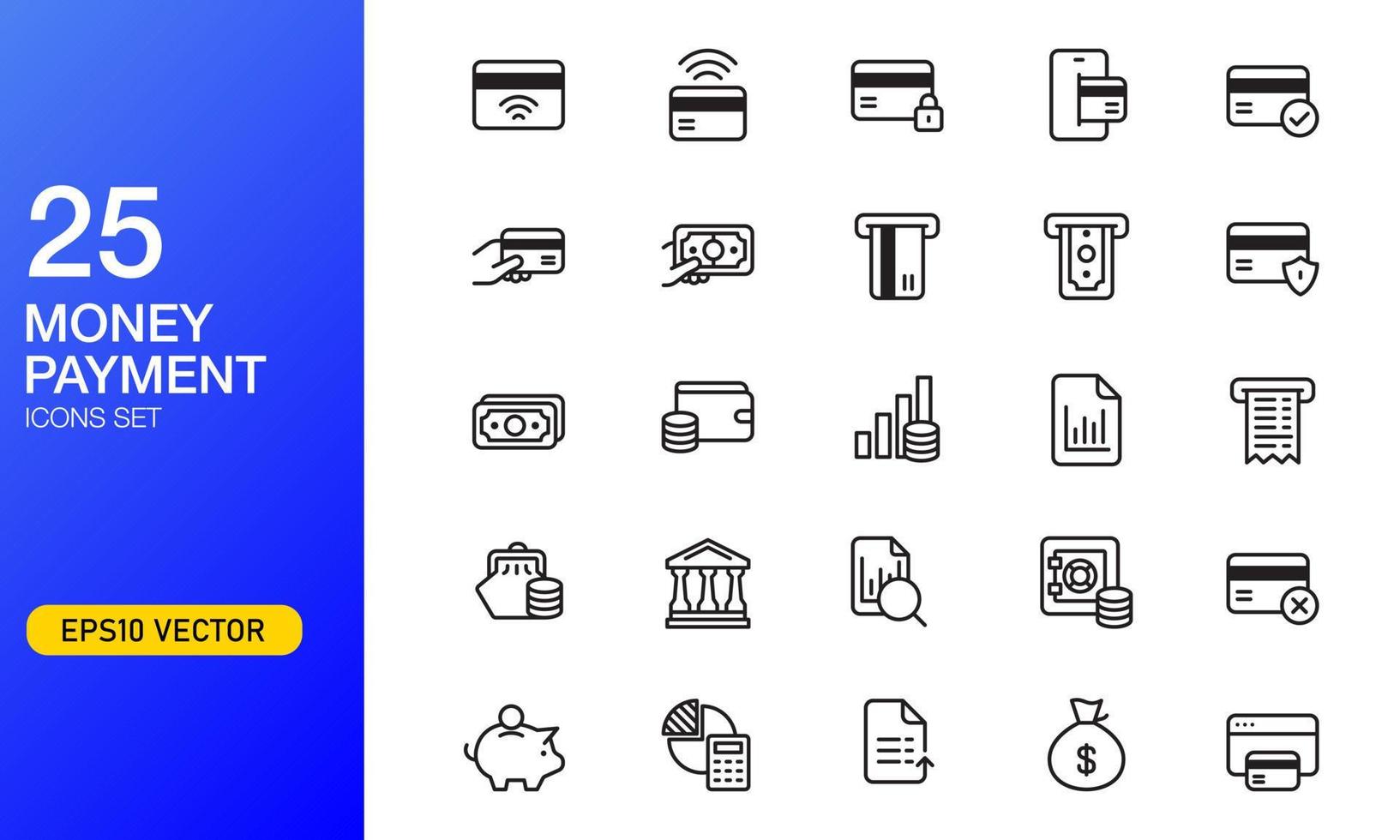 geld en betaling pictogrammenset in overzichtsstijl. geschikt voor ontwerpelement financiële en online handel, digitale betaling en zakelijke technologie-app. vector