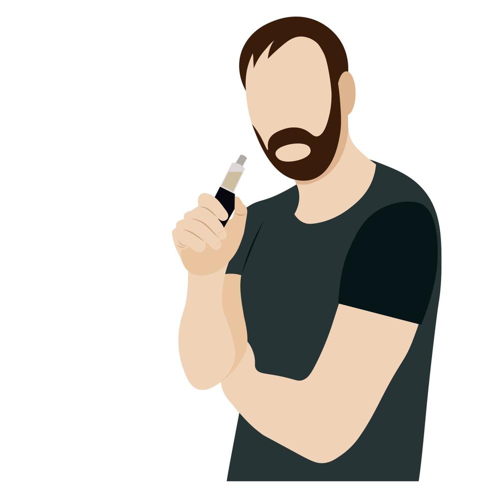 gezichtsloos portret van een bebaarde man met een elektronische sigaret in zijn hand, een platte vector op een witte achtergrond, een anonieme illustratie