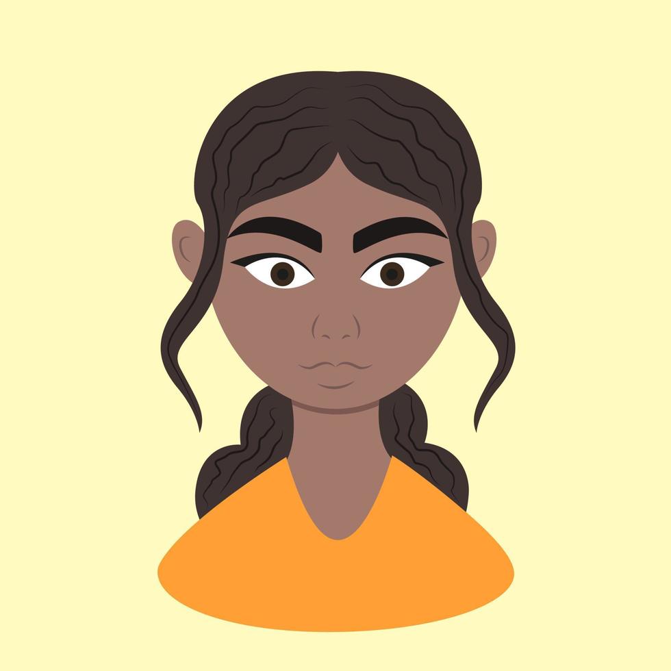 vrouw ander ras portret cartoon. mooi Afrikaans meisje met donker haar op gele achtergrond. etnische diversiteit en tolerantie. vectorillustratie in platte cartoon-stijl. vector