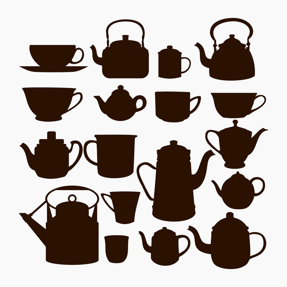 bewerkbare zwart-wit silhouet vector illustratie icoon van de traditionele koffie en thee kopjes en potten