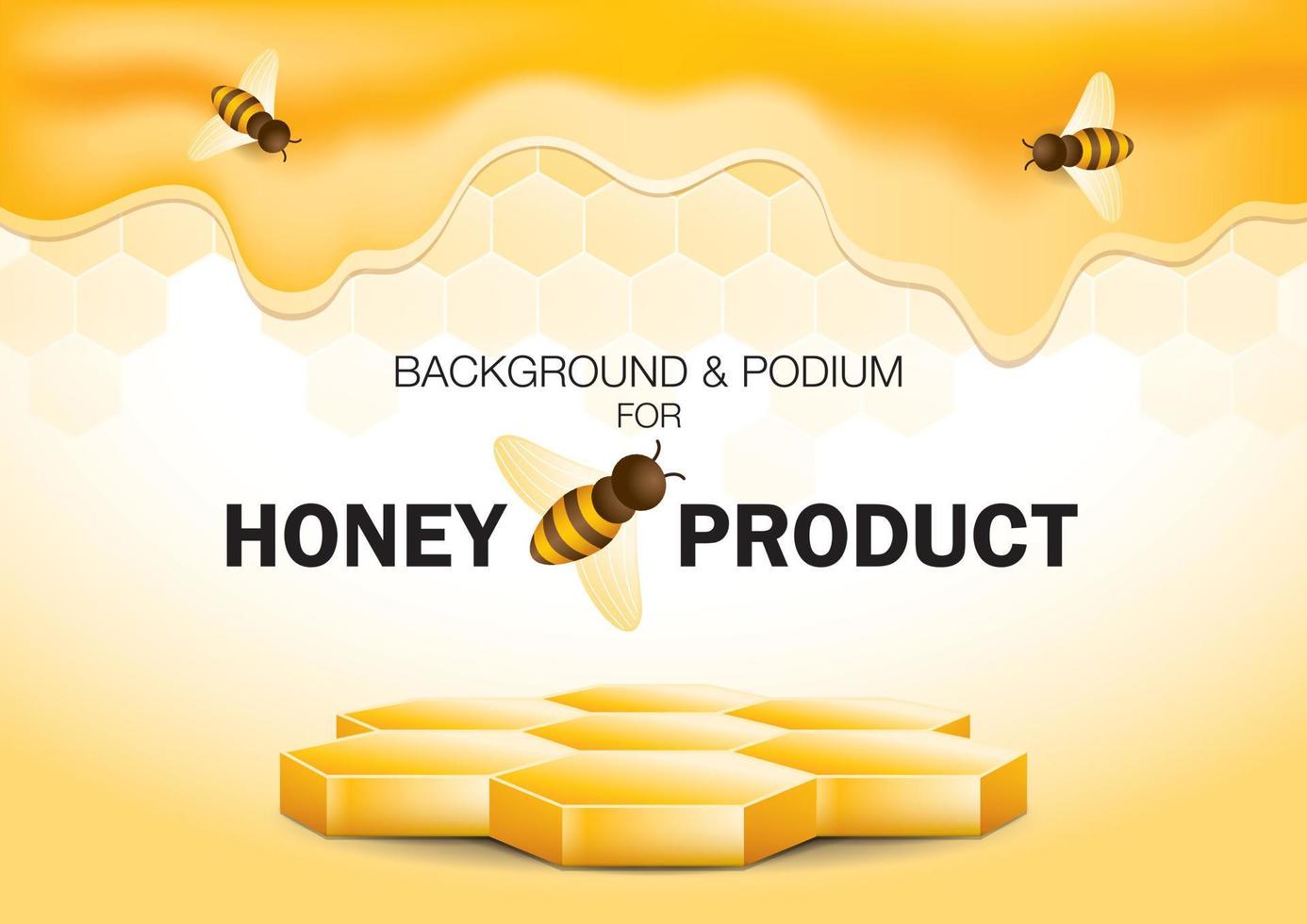 product display stand 3d illustratie vector met bijen en honing achtergrond.