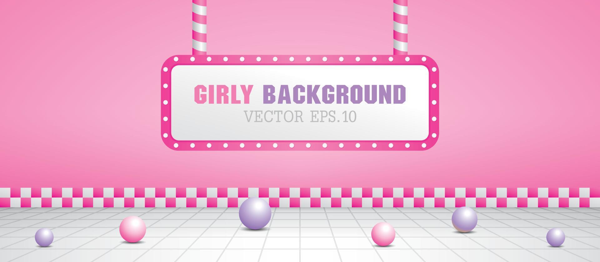 girly roze scène met gloeilamp in retro stijl 3d illustratie vector. vector