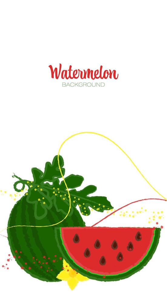 decoratieve vector verticale banner met sappige watermeloen en abstracte penseelstreken en spatten