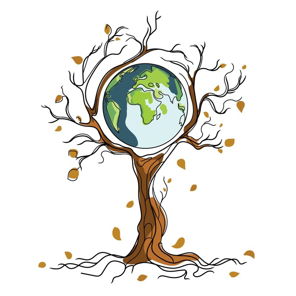klimaatverandering concept.global warming.planet aarde verstrengeld met droge takken van een dode tree.vector graphics illustratie op witte achtergrond vector