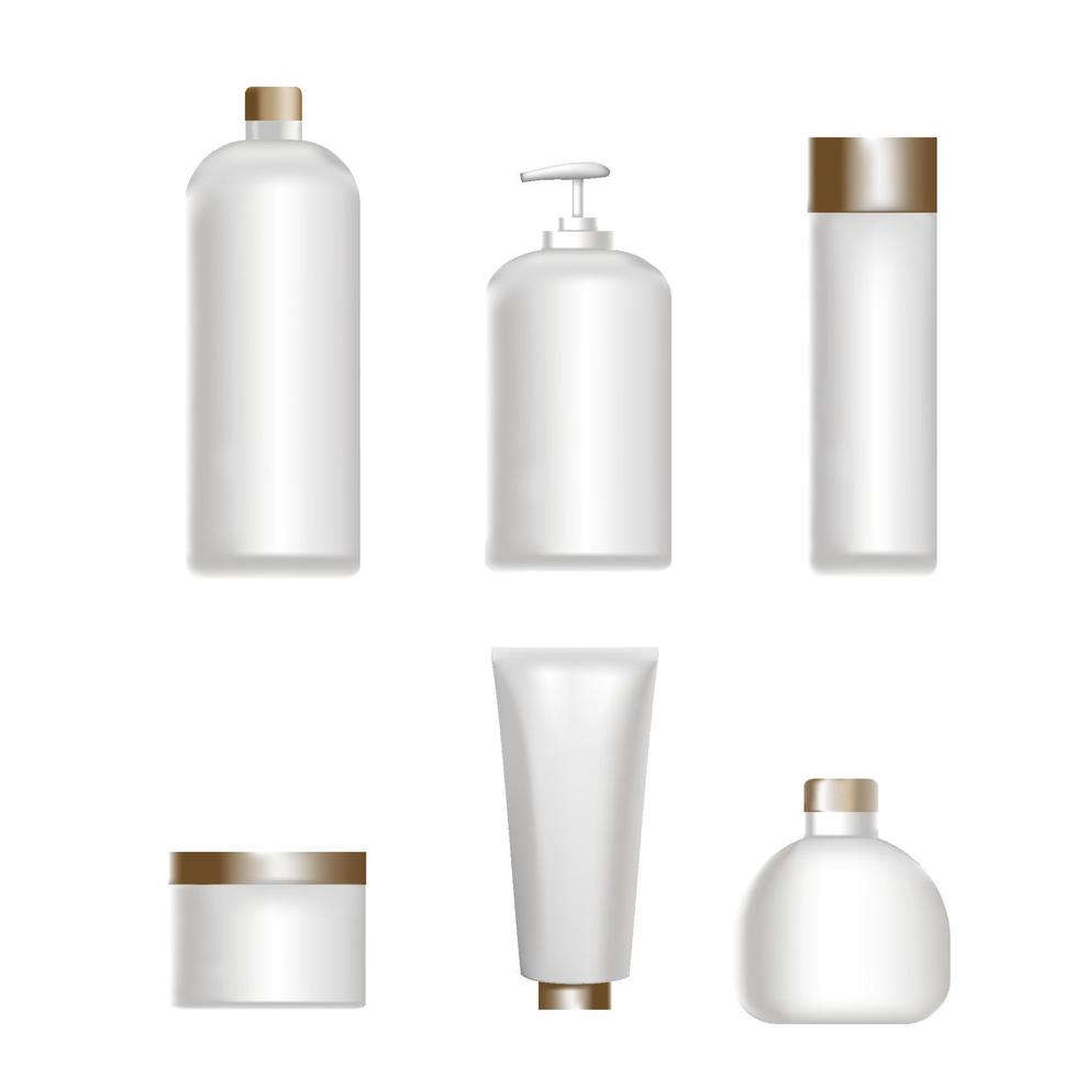 een set witte plastic flessen voor sanitaire en cosmetische producten. voor mock-ups. realistische vectorillustratie vector