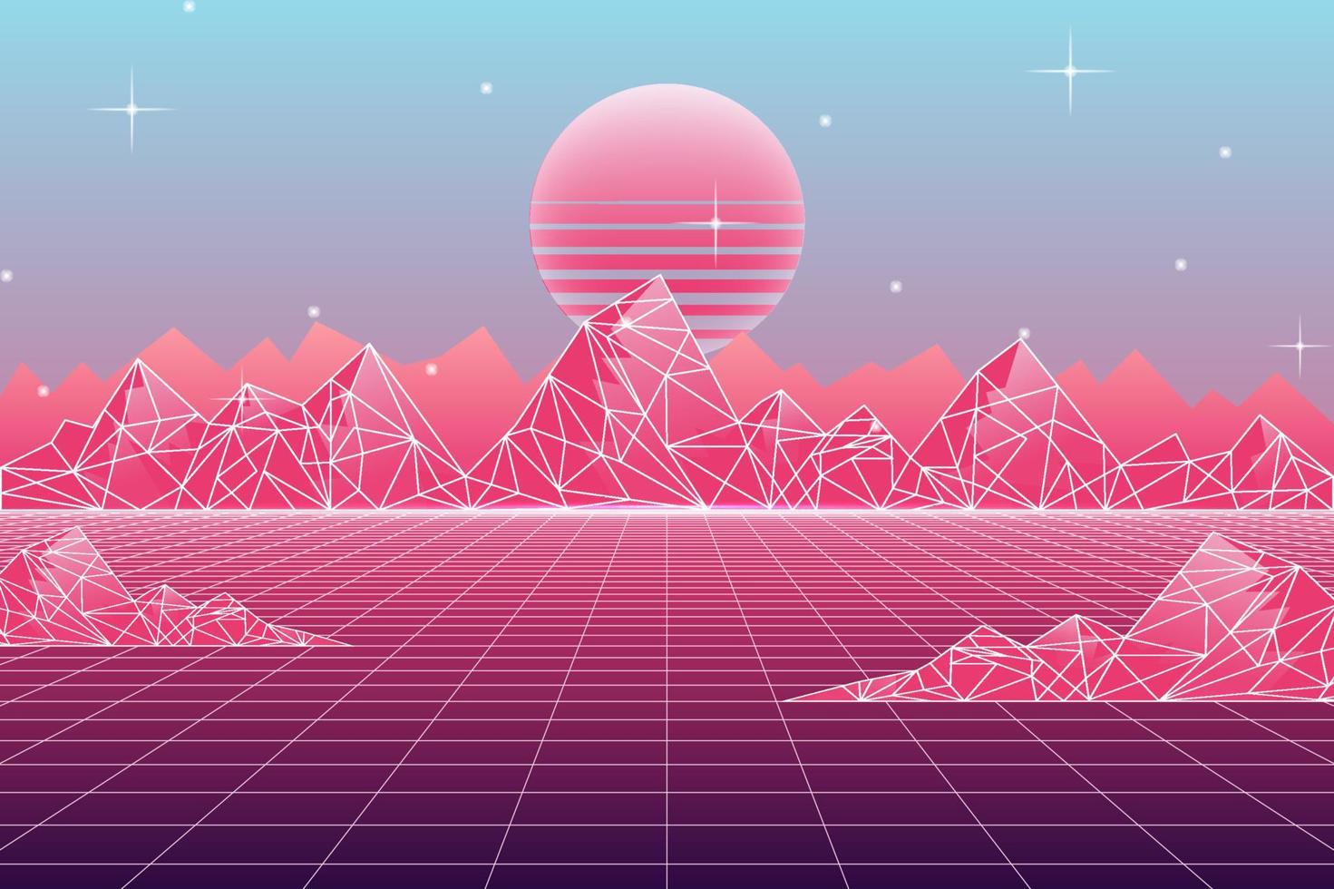 retro sci-fi futuristische achtergrond jaren 1980 en 1990 stijl 3d illustratie. digitaal landschap in een cyberwereld. voor gebruik als design omslag. vector