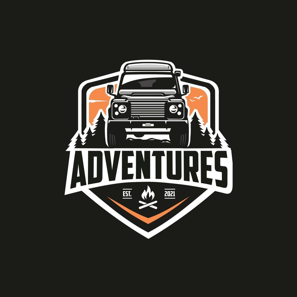 avonturen auto embleem logo vector geïsoleerd op zwarte achtergrond. premium trucking 4x4 camping mountain kant-en-klaar logo sjabloon