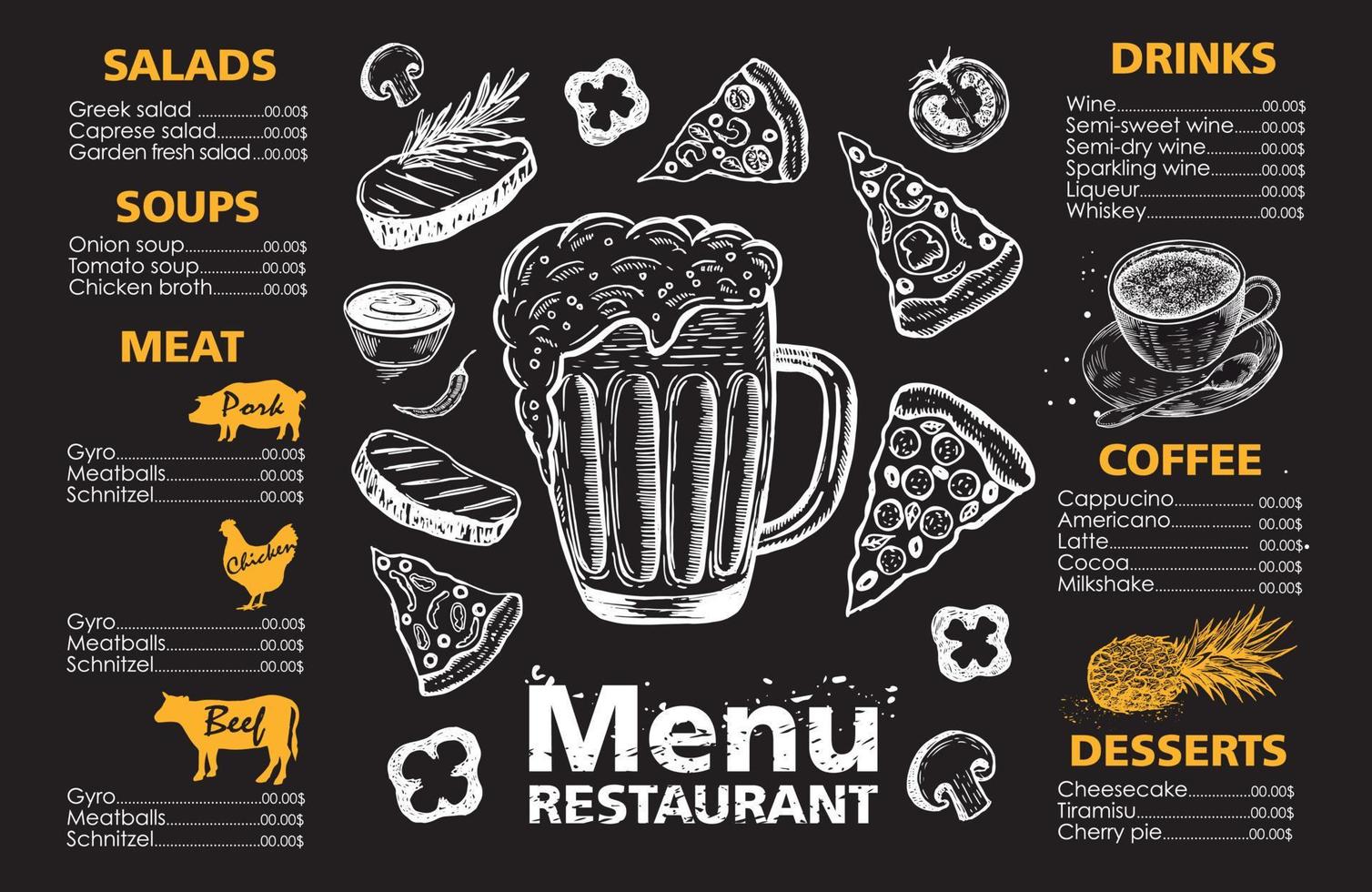 menu sjabloonontwerp voor restaurant, schets illustratie. vector. vector