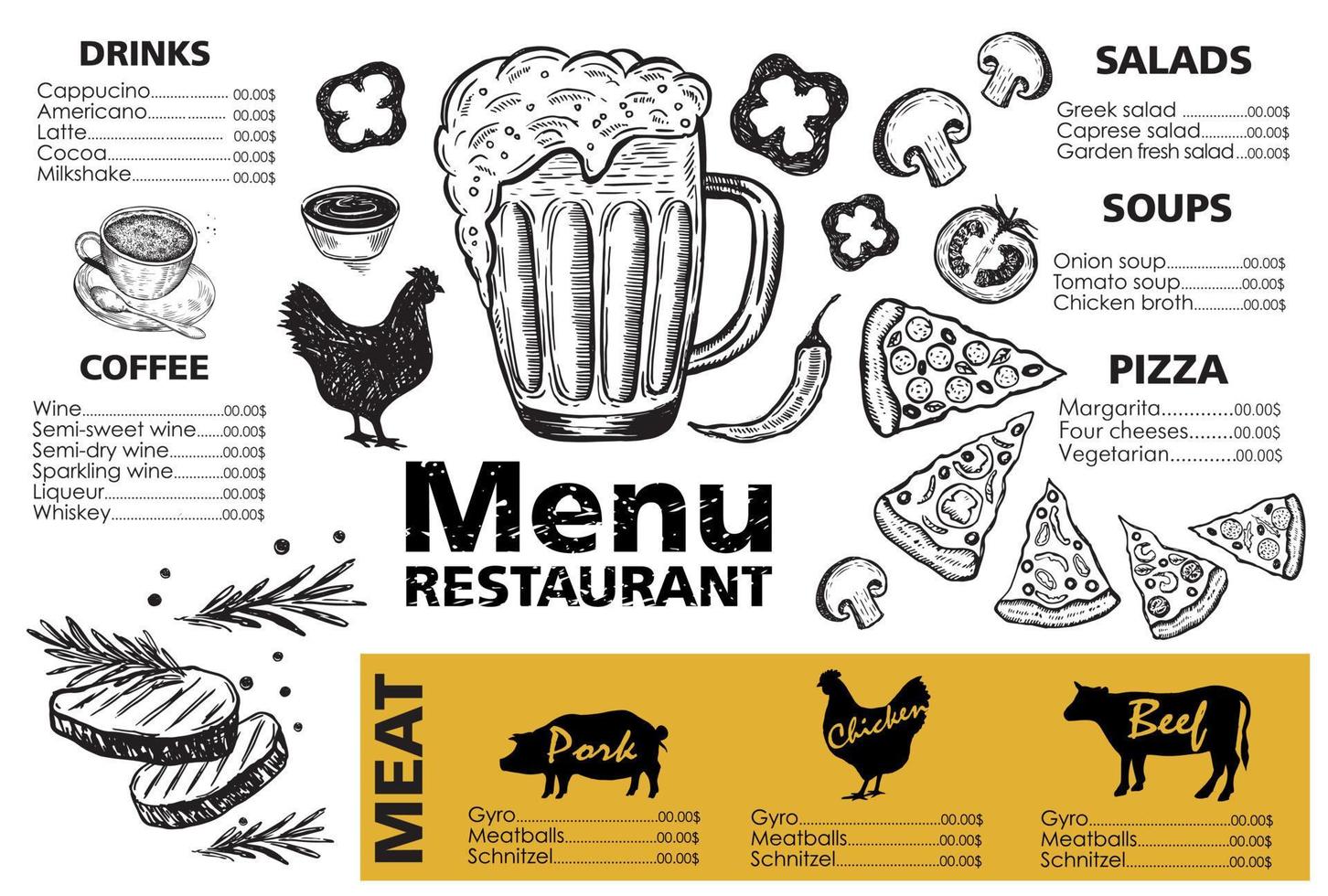 menu sjabloonontwerp voor restaurant, schets illustratie. vector. vector