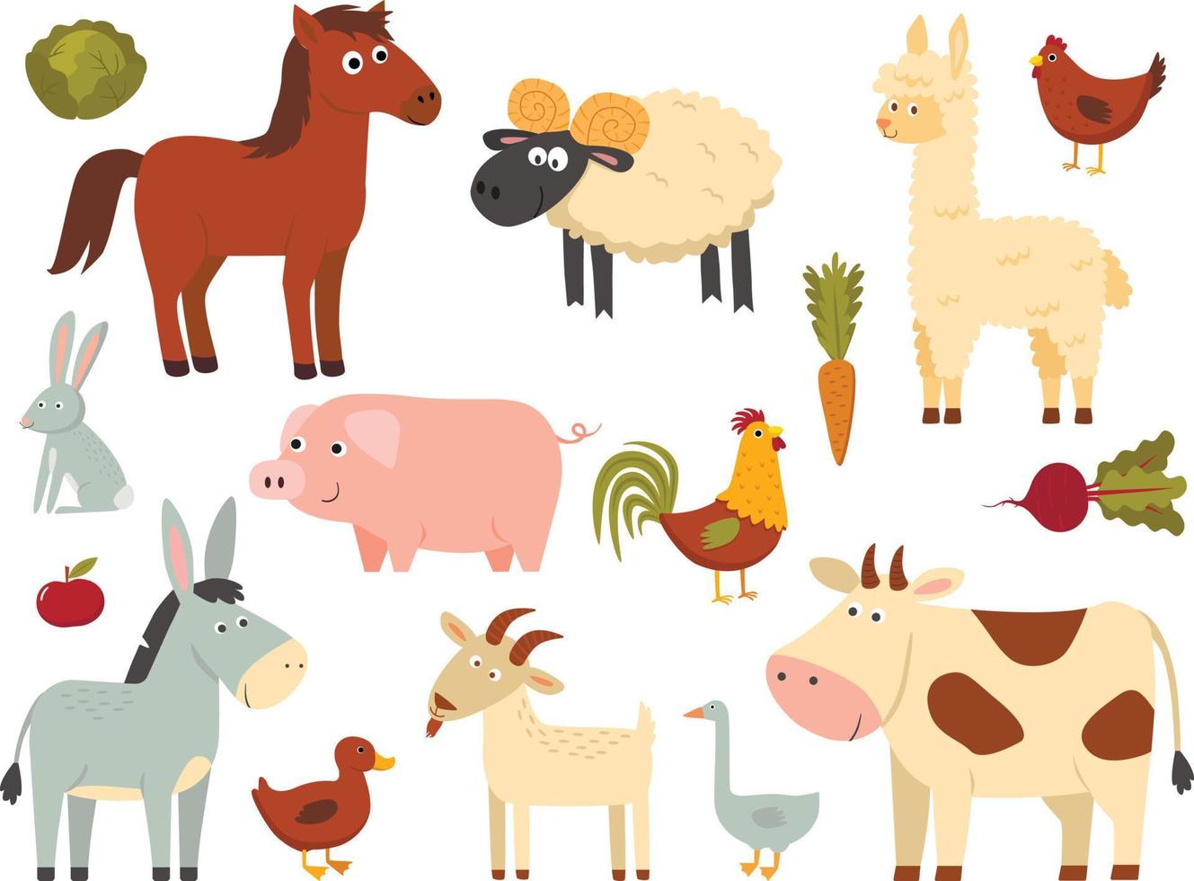 boerderijdieren in vlakke stijl geïsoleerd op een witte achtergrond. vectorillustratie. schattige tekenfilm dieren collectie schapen, geit, koe, ezel, paard, varken, eend, gans, kip, kip, haan, konijn vector