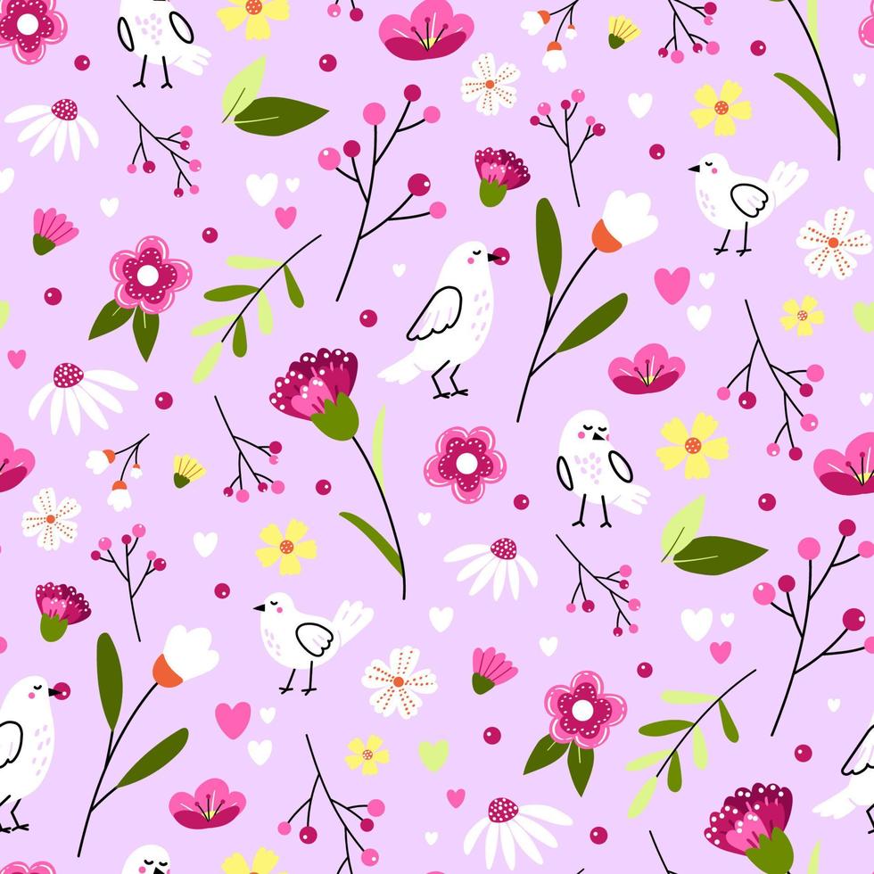 schattig zomerpatroon met vogels en bloemen in de bloeiende tuin. vectorillustratie met handgetekende dieren en florale decoratieve elementen voor kindertextiel, inpakpapier vector