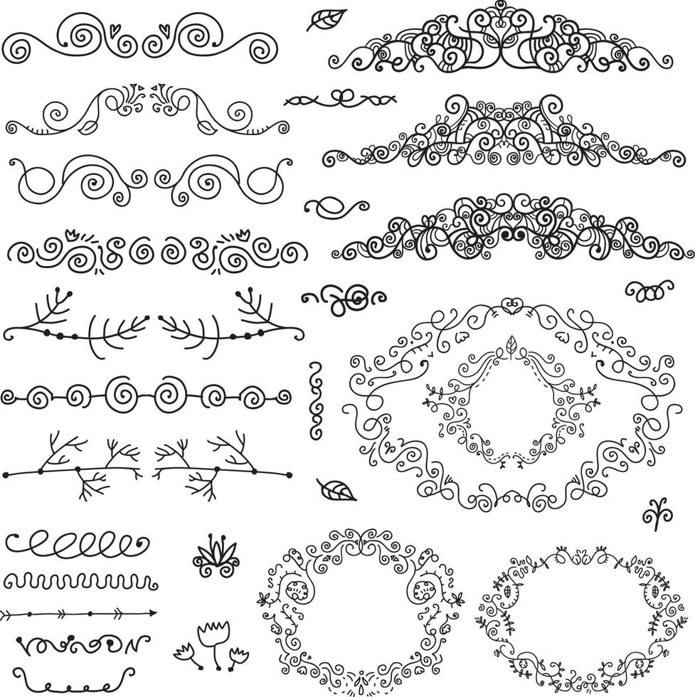 vector set handgetekende scheidingslijnen, florale decorelementen, randen, frames. doodle ontwerp.