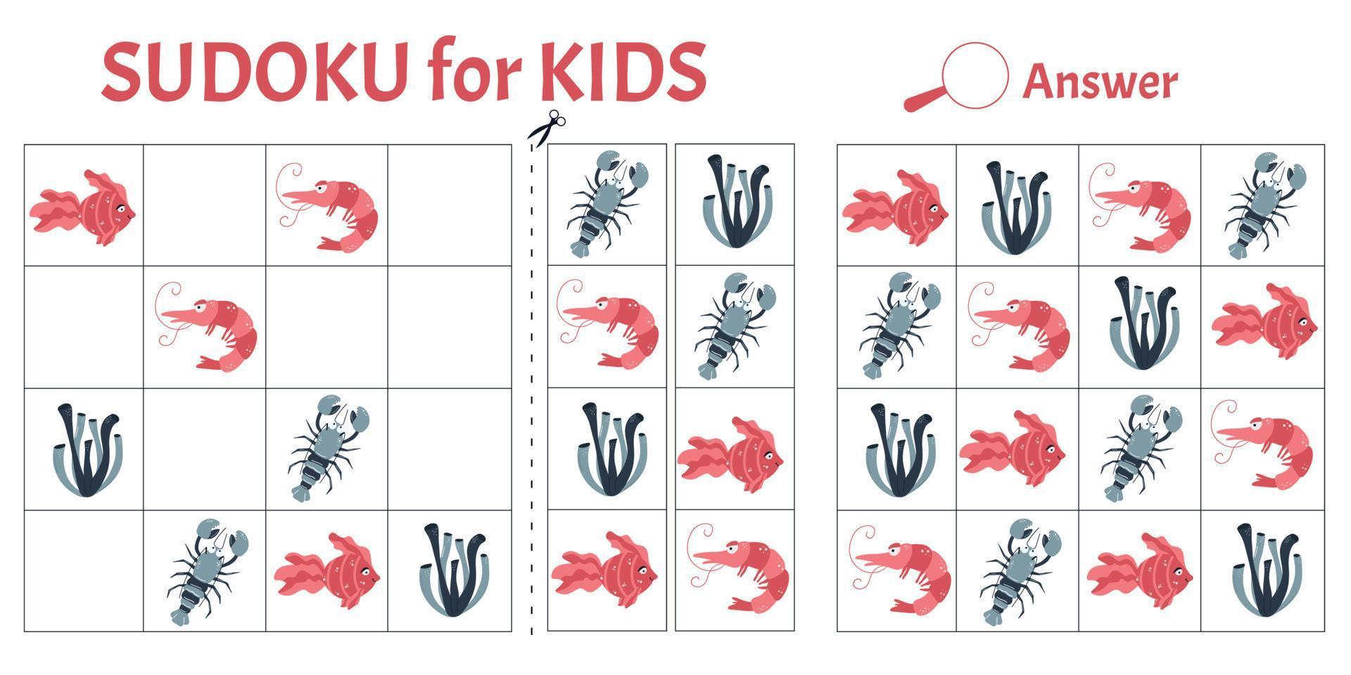 sudoku-spel voor kinderen met afbeeldingen van zeedieren. activiteitenblad voor kinderen. vector illustratie cartoon stijl