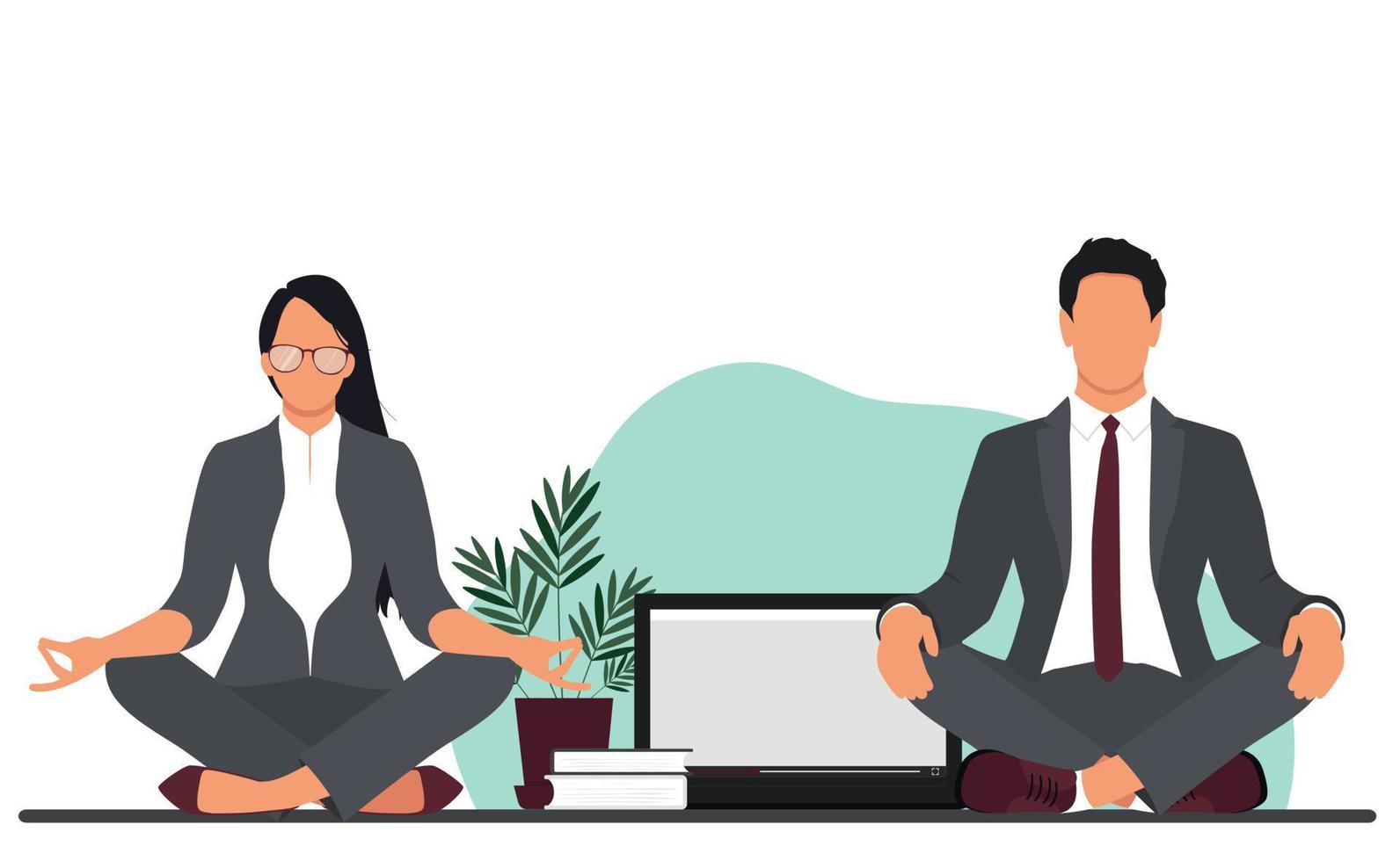 kantoor vrouw en man mediteren zittend op de tafel. kantoor ontspannen concept. vector illustratie