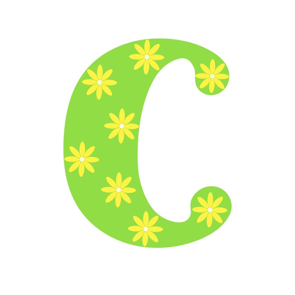 hoofdstad helder groen versierd met lente bloemen hand getekende letter c van Engelse alfabet eenvoudige cartoon stijl vectorillustratie, kalligrafische abc, schattig grappig handschrift, doodle en belettering vector