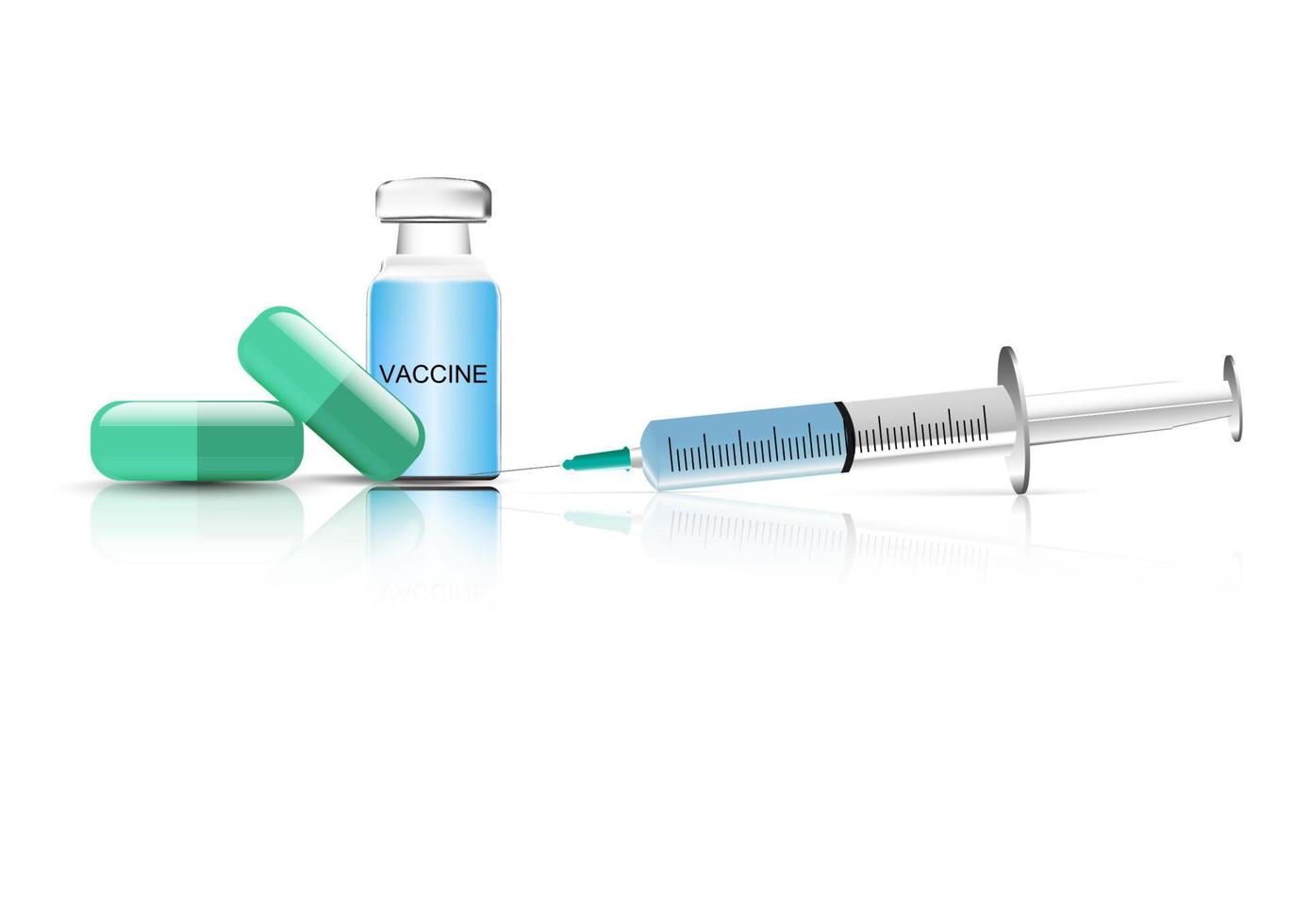 medische groene capsule en fles vaccinatie, spuit geïsoleerde witte achtergrond vectorillustratie vector