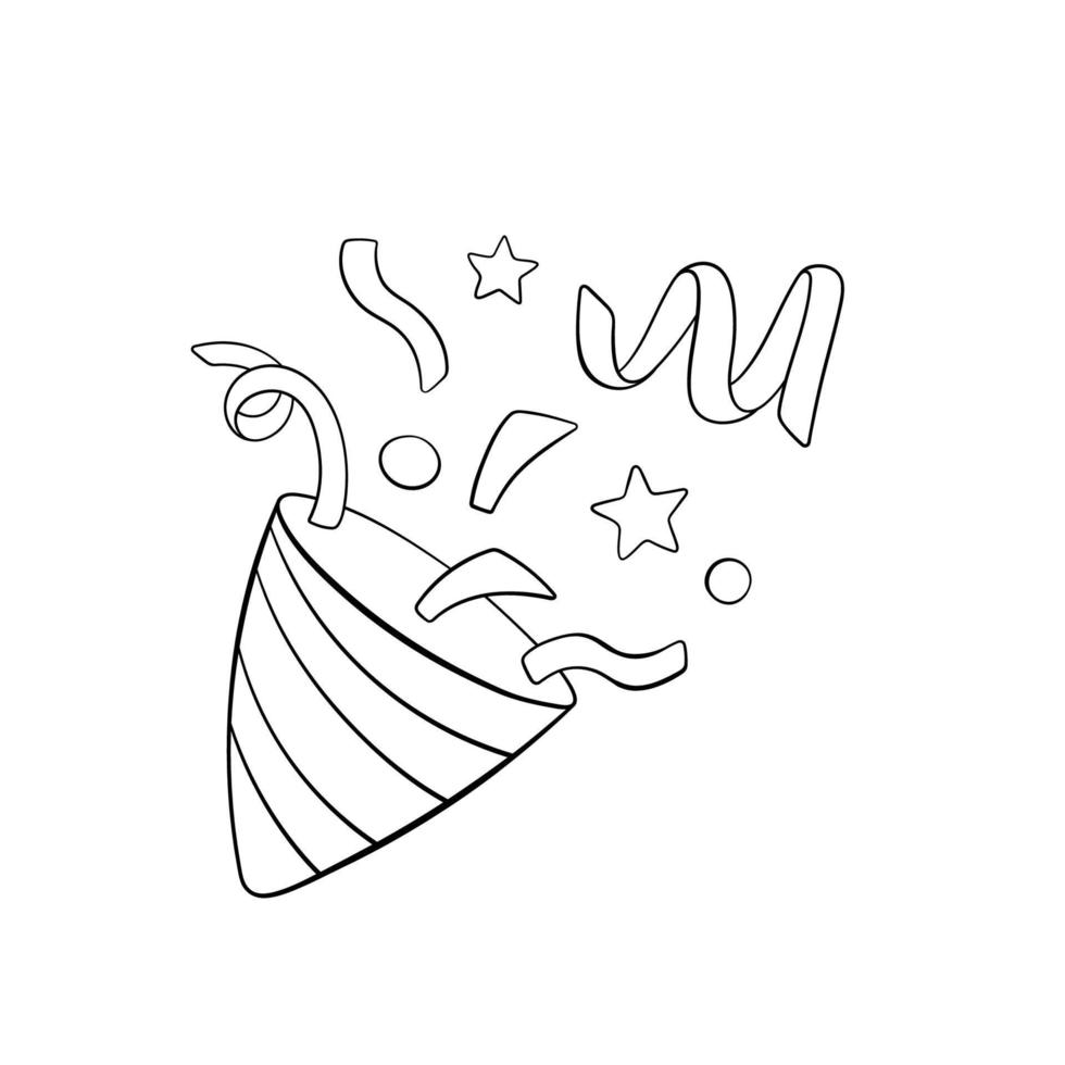 confetti voor feest in doodle stijl, vectorillustratie. feestelijke verjaardagsgroeten, knallerexplosie. geïsoleerd element op een witte achtergrond, grafisch pictogram voor printen en design. symbool vakantie vector