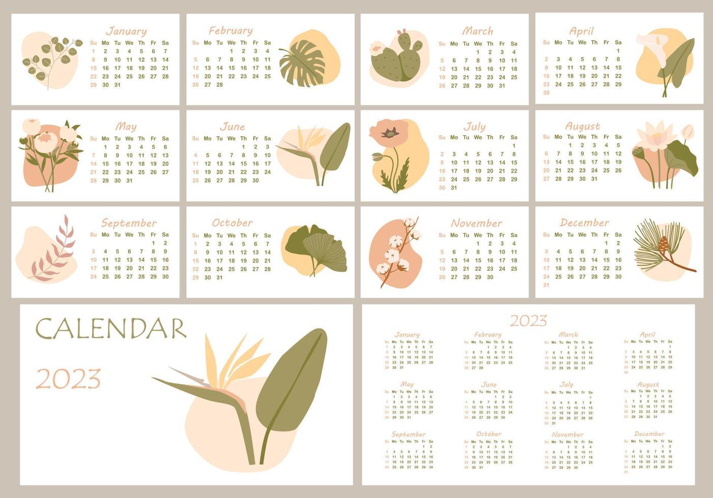 kalender 2023. minimalistische maandkalender met verschillende planten. omslag en 12 maandpagina's. week begint op zondag, vectorillustratie. gorisontal pagina's. vector