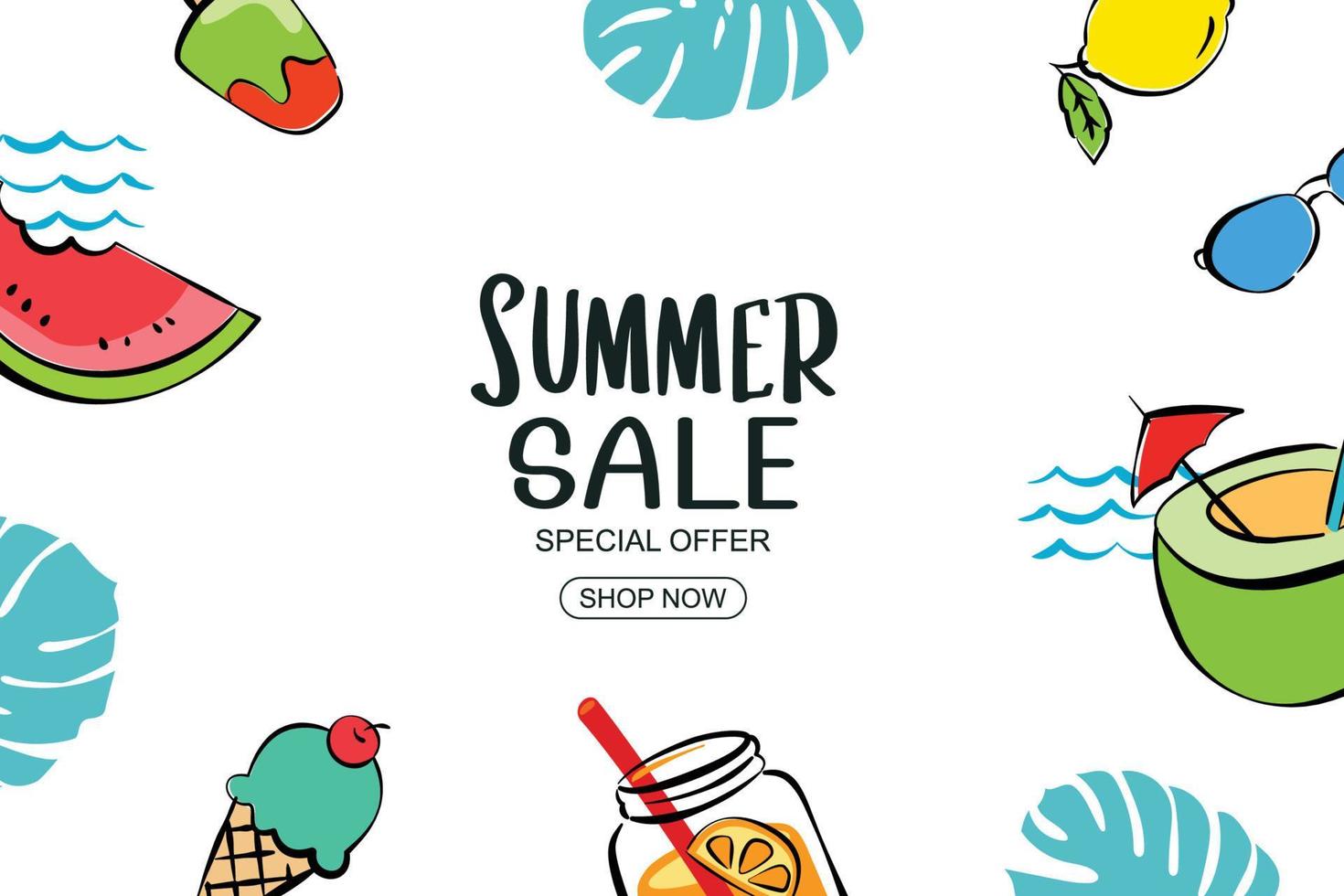 zomer verkoop banner voorbladsjabloon achtergrond. zomerkorting speciale aanbieding in handgetekende stijl. vector