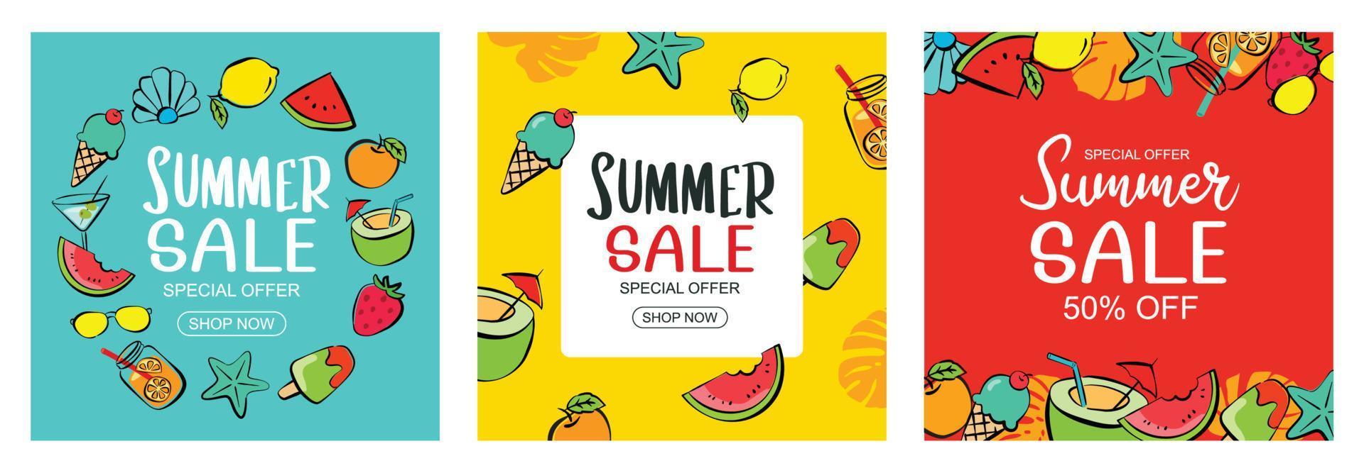 zomer verkoop banner voorbladsjabloon achtergrond. zomerkorting speciale aanbieding in handgetekende stijl. vector