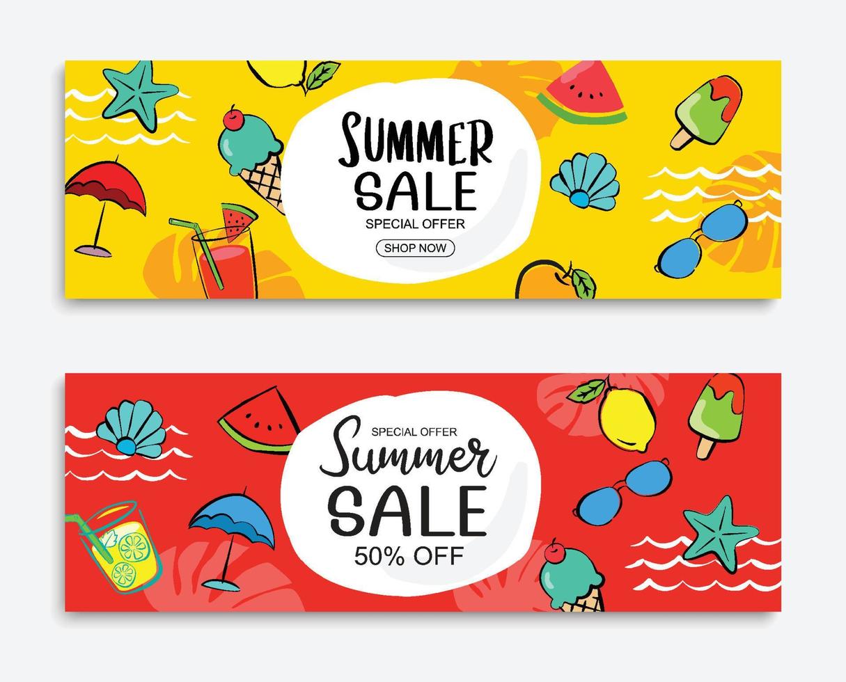 zomer verkoop banner voorbladsjabloon achtergrond. zomerkorting speciale aanbieding in handgetekende stijl. vector