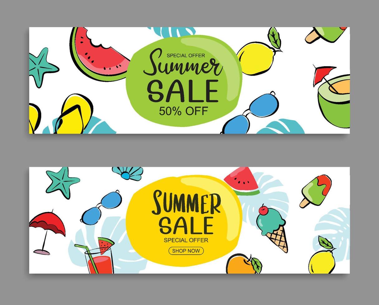 zomer verkoop banner voorbladsjabloon achtergrond. zomerkorting speciale aanbieding in handgetekende stijl. vector