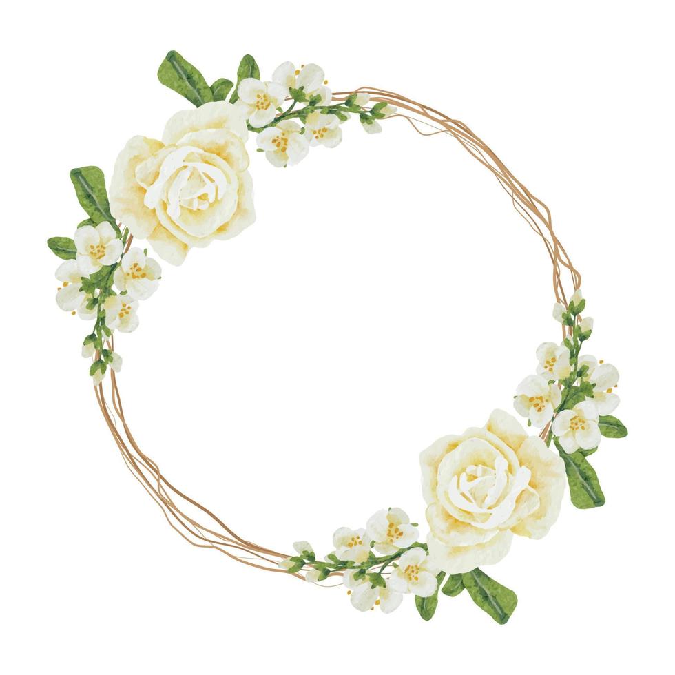 Aquarel witte roos bloemboeket op droge takje krans frame vector geïsoleerd op een witte achtergrond