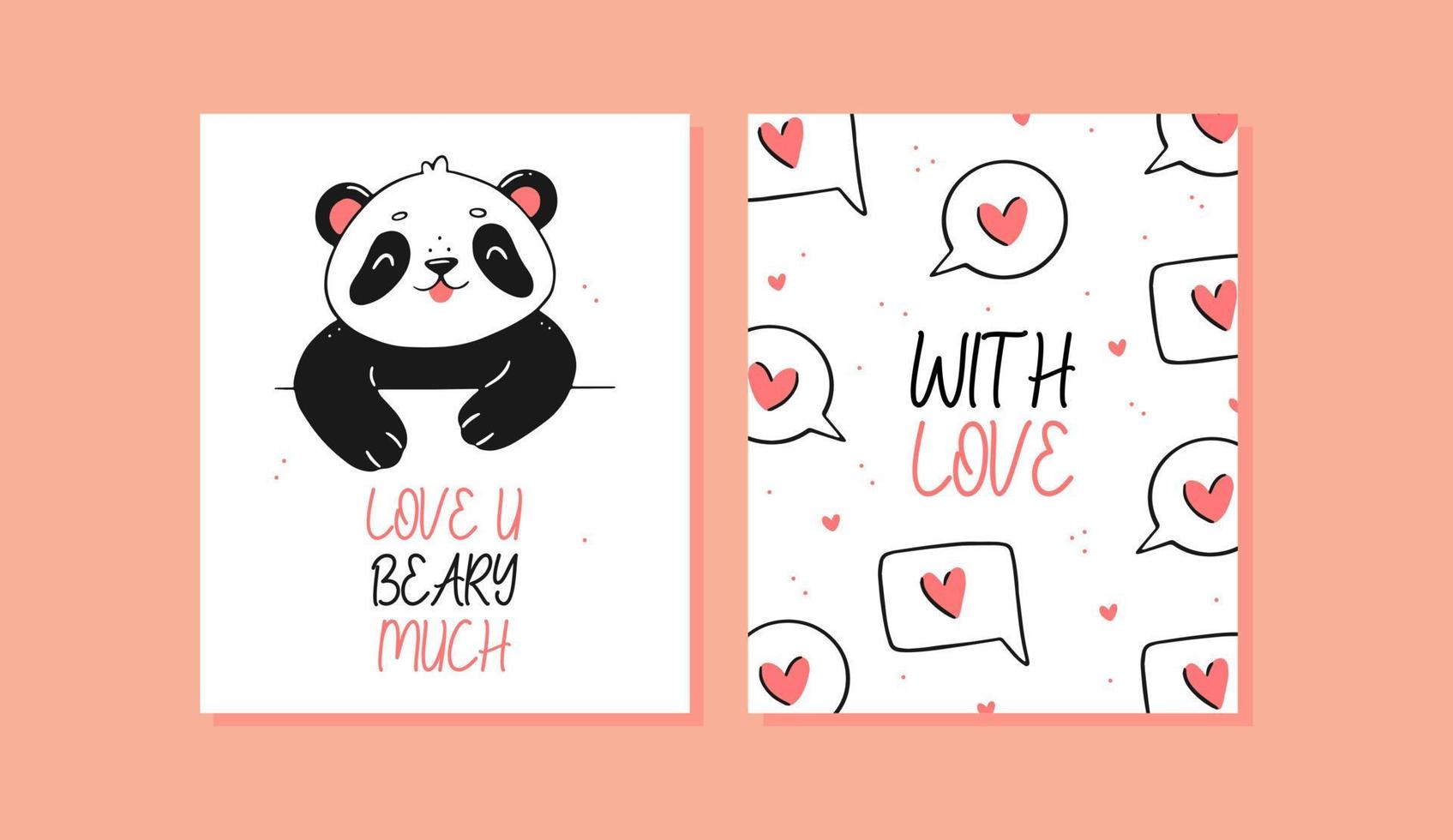 een set kaarten met een schattige panda. panda met een hart en tekst hou veel van je baby, geld met hartjes en tekst met liefde. vector cartoon afbeelding van een ansichtkaart.