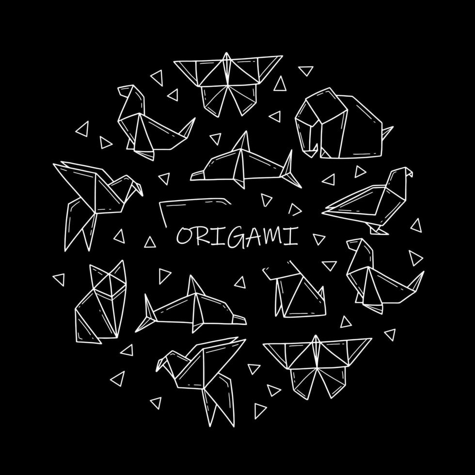 origami dieren in de vorm van een cirkel in doodle-stijl. vector geïsoleerde illustratie op een zwarte achtergrond.