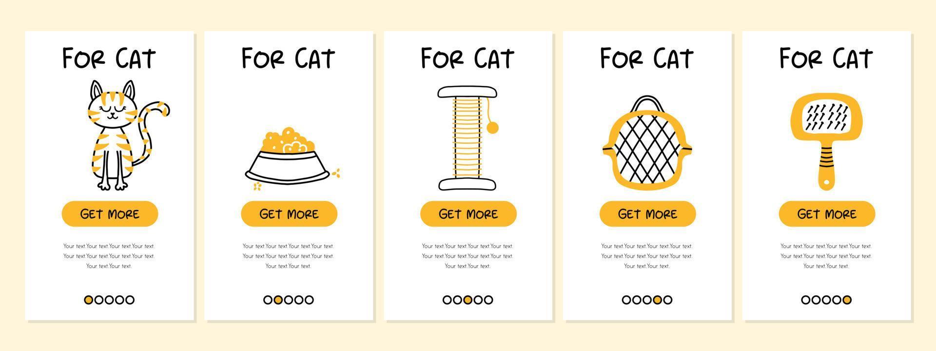 schermen van de dierenwinkel en mobiele applicatie. menu banner vector sjabloon voor website en app ontwikkeling. dierenwinkel sjablonen voor de winkel. sjablonen voor katten.