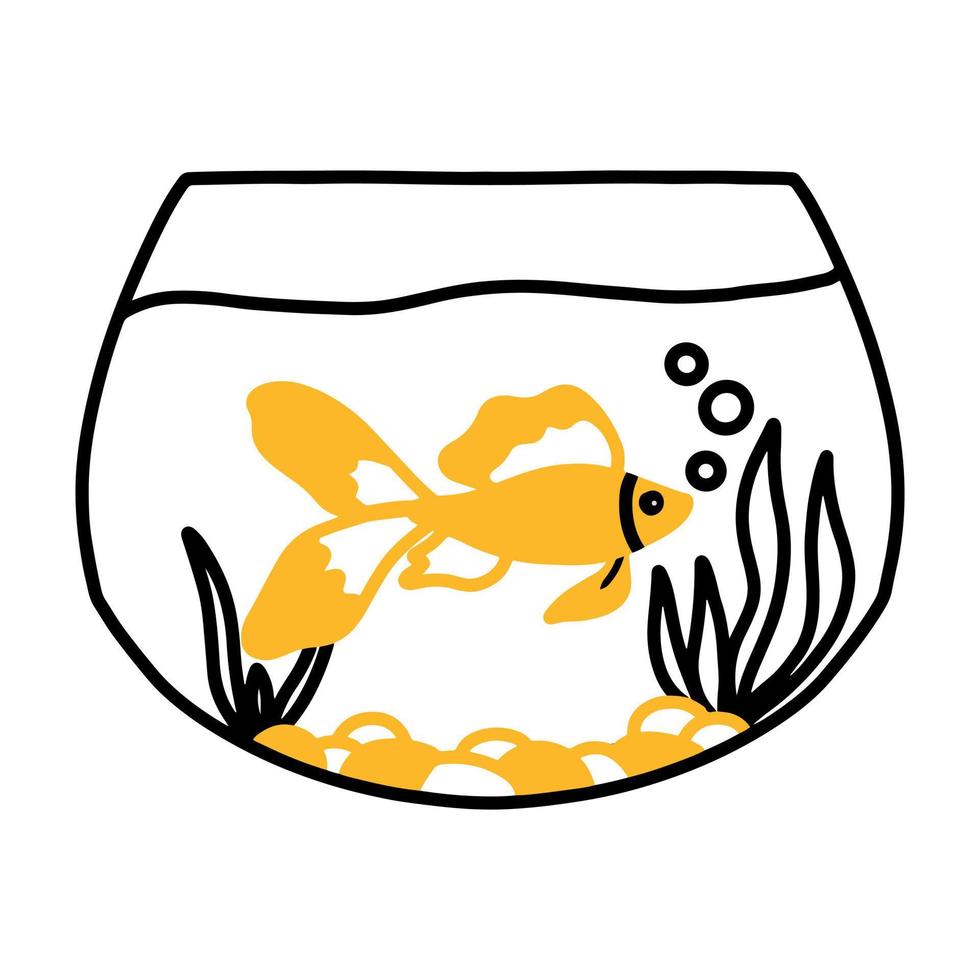 goudvissen in een aquarium. doodle stijl. aquarium met algen. vector