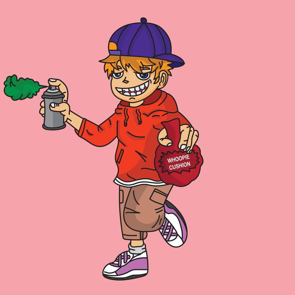 cartoon stoute jongen met sproeier en poepzak in de hand vector
