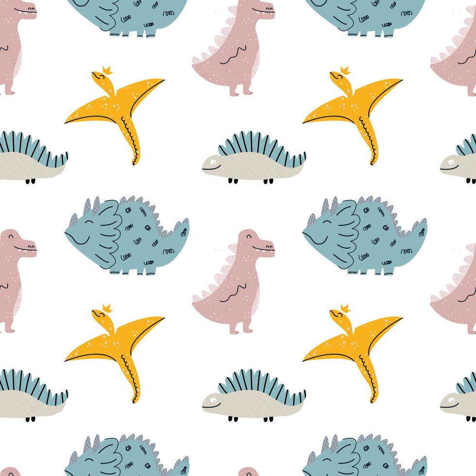 schattig babypatroon met dinosaurussen, reptielen en hagedissen. naadloze achtergrond. stijlvol ornament in Scandinavische stijl. eindeloos printen op stof, kindertextiel. vectorillustratie, met de hand getekend vector