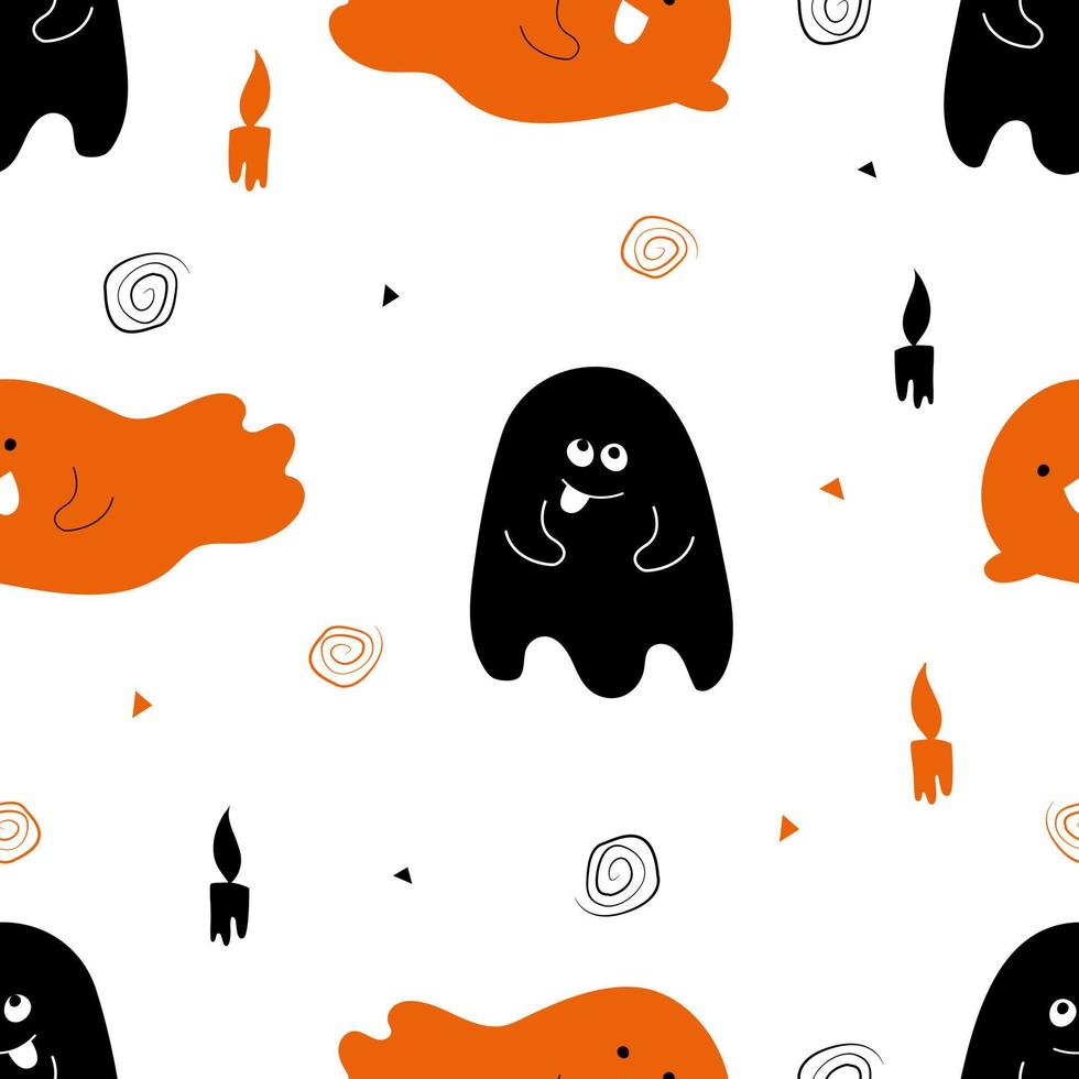 Halloween-pat naadloos. op witte achtergrond pompoen, lolly, spin, schedel, spoken. stijlvol ornament in minimalistisch design. printen op stof en papier. vector hand getekende illustratie