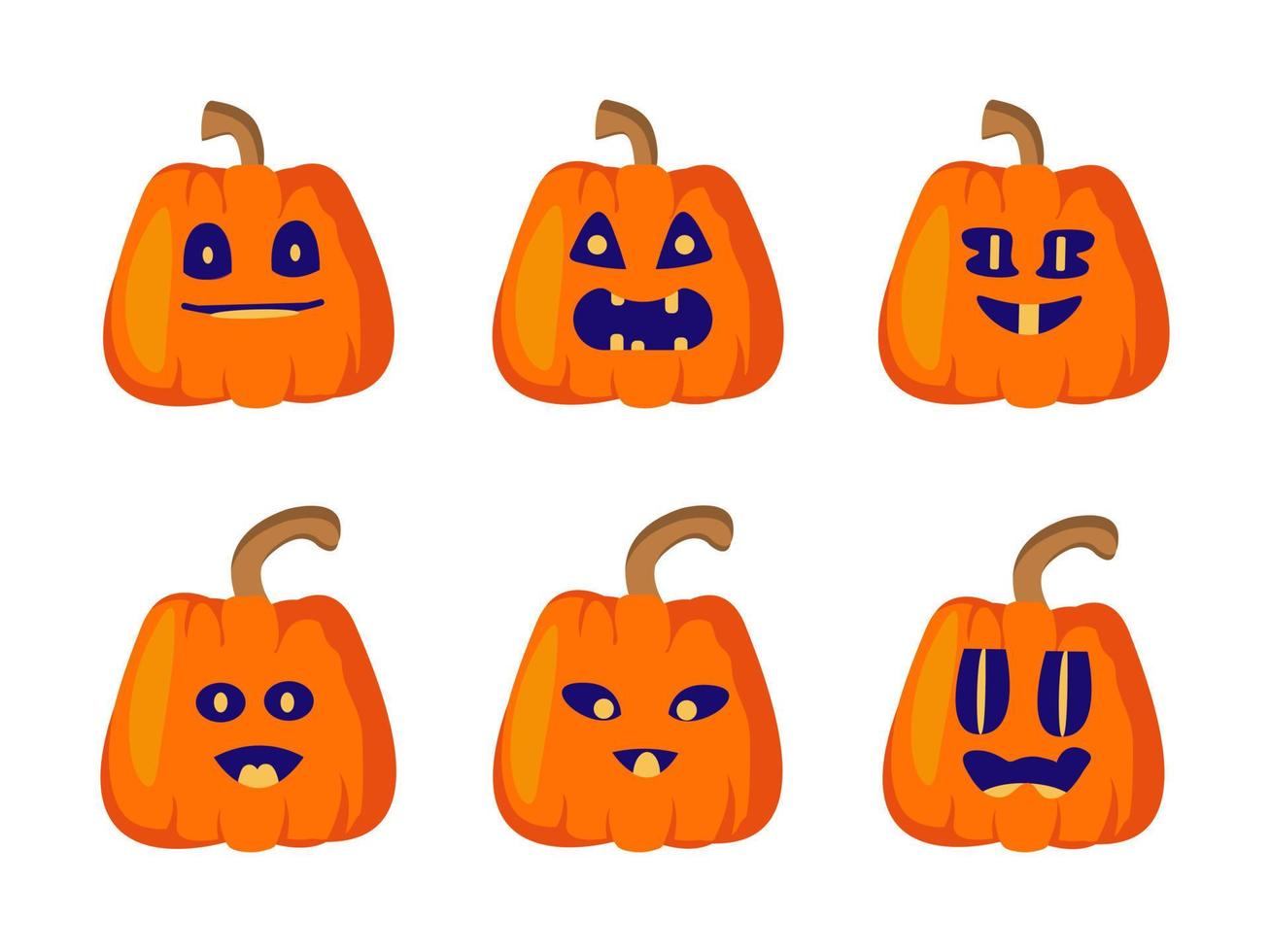 set halloween-pompoenen met grappige gezichten. geïsoleerd op een witte achtergrond platte vector. jack's lantaarn voor ansichtkaarten, uitnodigingen, etiketten, verpakkingen. vectorillustratie, plat vector