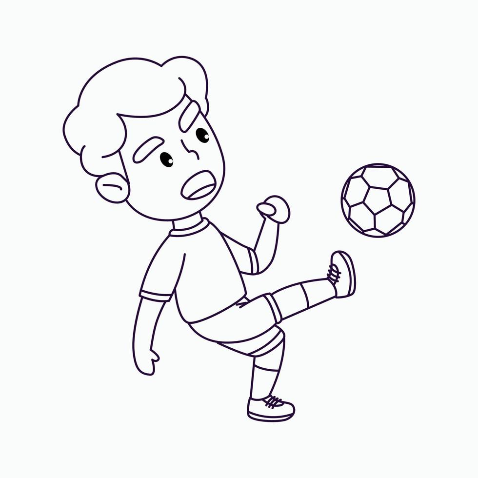 kleurplaat schattige jongen aan het voetballen, gelukkige jongen die de bal schopt, cartoon vectorillustratie vector