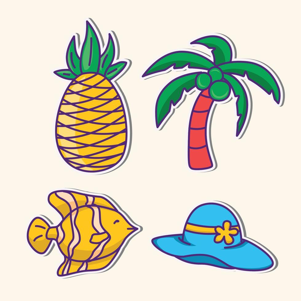 leuke zomerstickerset, tropische vakantiestickercollectie, leuke zomervakantie doodle icon pack vector