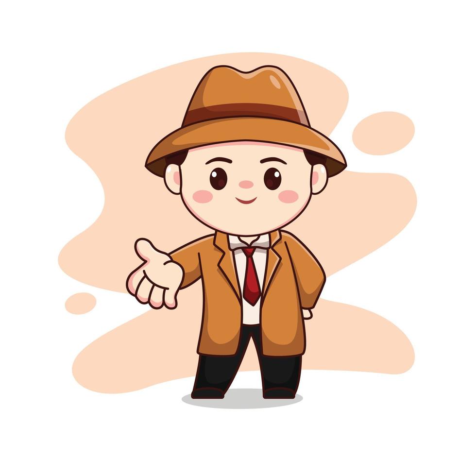 illustratie van een schattige detective of een man met een chibi-personage in een bruin pak vector