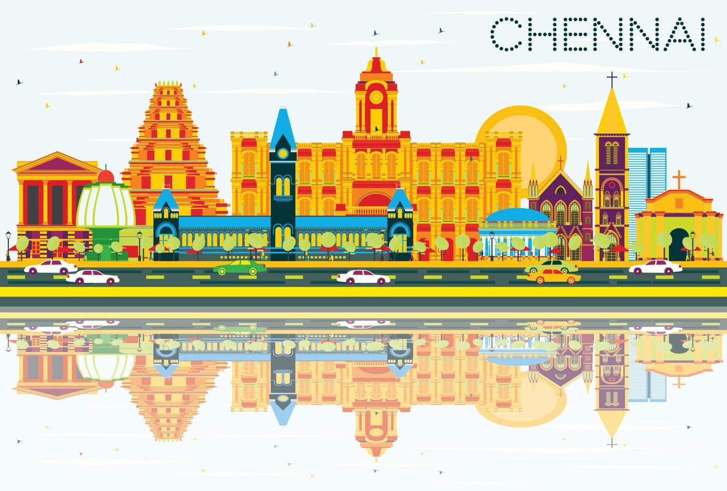 chennai skyline met kleuroriëntatiepunten, blauwe lucht en reflecties. vector