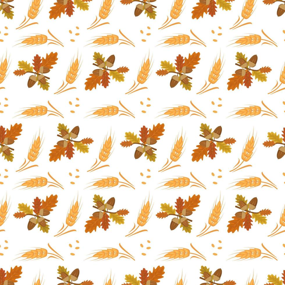 naadloze herfst patroon met eikels, eikenbladeren en oren van tarwe op witte achtergrond. heldere herfstoogstprint voor textiel en design. platte vectorillustratie vector